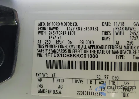 2019 Ford F-150 Xl z USA, uszkodzony, nr VIN 1FTEX1CB8KKC01088